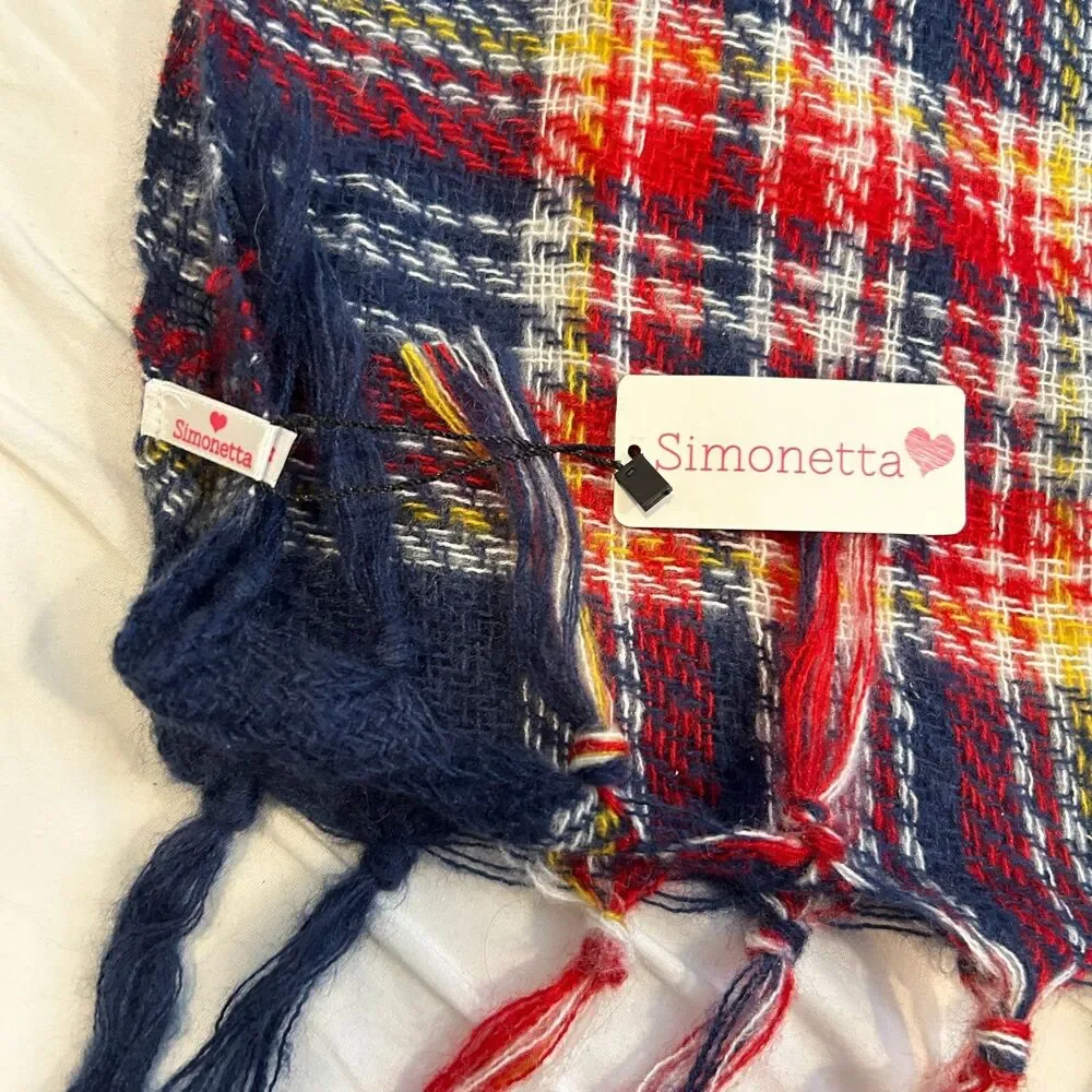 #8539 SIMONETTA BLUE RED CHECKERED TARTAN CASHMERE SCARF 29X70